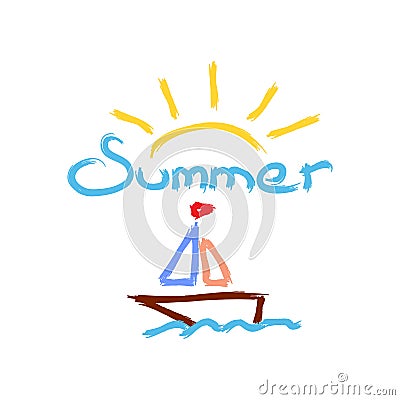 Sun, sailboat and text Summer painted with watercolor brush. Sketch drawn by hand. Vector Illustration. Vector Illustration