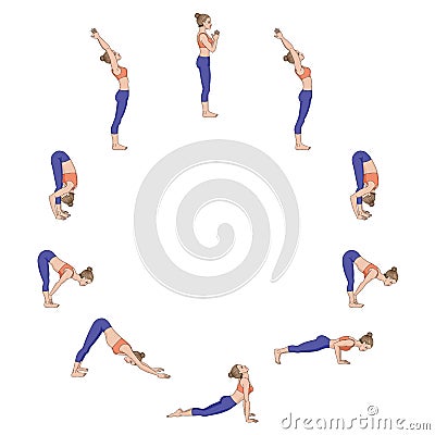 Sun salutation. Surya namaskara A. Yoga sequence. Vector Illustration