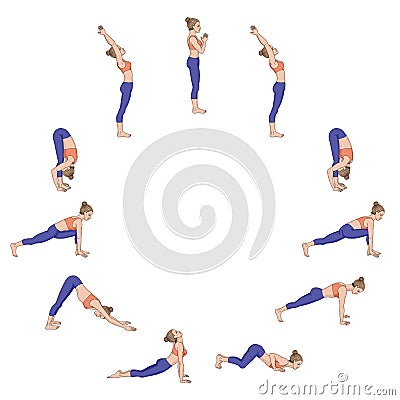 Sun salutation. Surya namaskara. Yoga sequence. Vector Illustration