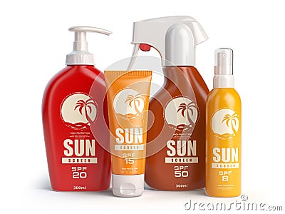 Sun screen cream, oil and lotion containers. Sun protection and Cartoon Illustration
