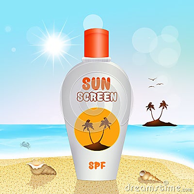 Sun screen lotion on the beach Stock Photo