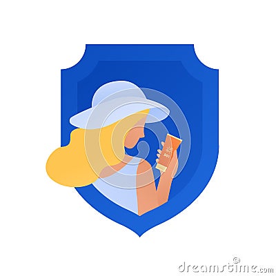 Sun screen protection cream concept. Vector flat illustration. Blonde caucasian woman in hat holding suncream in tube on blue Vector Illustration