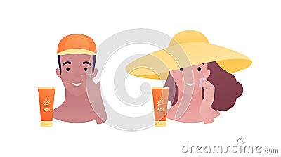 Sun screen protection cream concept. Vector flat illustration. Tan male and female head avatar in hat apply suncream to face. Vector Illustration