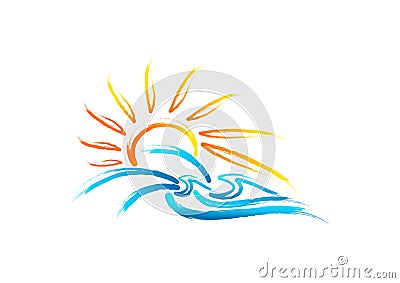 Sun sea wave logo, vintage summer symbol, retro wild nature marine concept design Vector Illustration