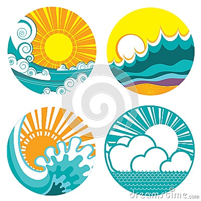 Sun and sea waves. Vector icons of illustration o Vector Illustration