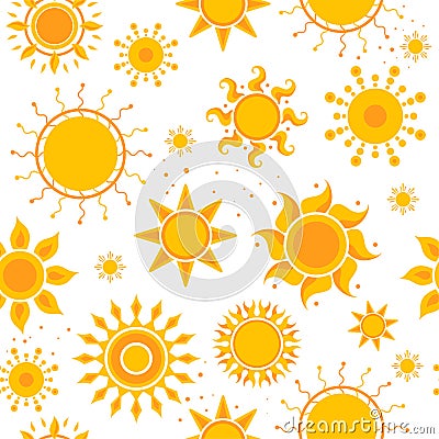 Sun seamless pictures. Weather summer sunshine pictures textile design vector hot pattern Vector Illustration