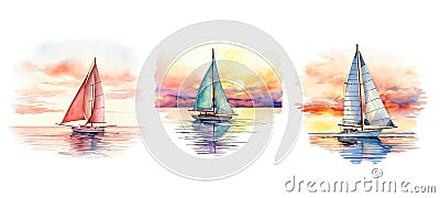 sun serene sunset sailboat ai generated watercolor Cartoon Illustration