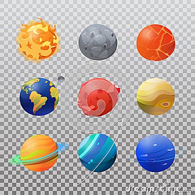 Set of isolated solar system planets and sun. Vector Illustration