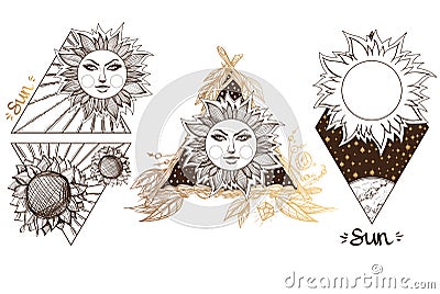 Sun. A set of outline illustrations with sketches of tattoos Cartoon Illustration