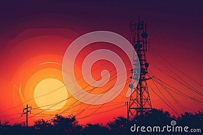 The sun sets in the background as it casts a warm glow on a tall metal telephone tower, Wireless tower broadcasting signal in a Stock Photo