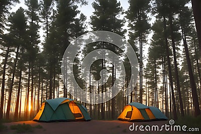 the sun sets, camping tent stands in pine forest Stock Photo