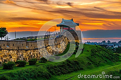 The sun sets at Hwaseong Fortress in Suwon, South Korea Editorial Stock Photo