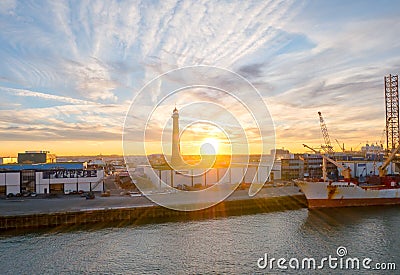 Sun sets over the port of IJmuiden Editorial Stock Photo