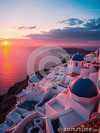 The sun sets over the tranquil waters of the Aegean, illuminating Santorini's whitewashed architecture. Stock Photo