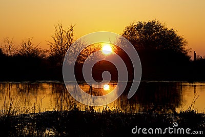 The sun sets at the watering hole in April Stock Photo