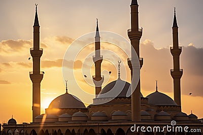 Sunset Silhouette of Mosque Minarets Stock Photo