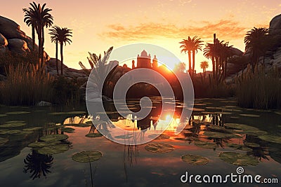 sun setting behind a tranquil desert oasis Stock Photo