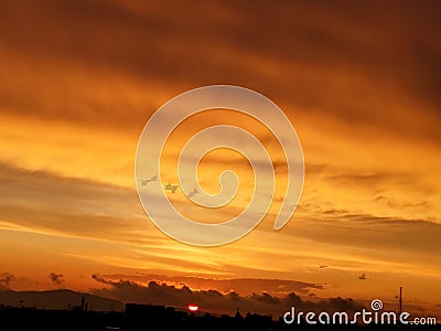 Sun setting colored view birds going back to home Stock Photo