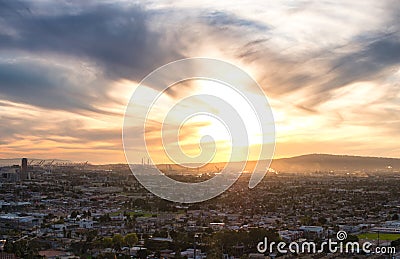 Photo of a breathtaking sunset over the iconic cityscape of Los Angeles, California Stock Photo