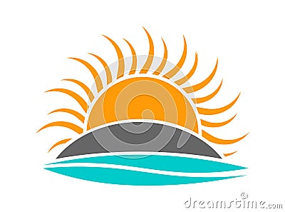Sun setting over island and sea wave icon logo Vector Illustration