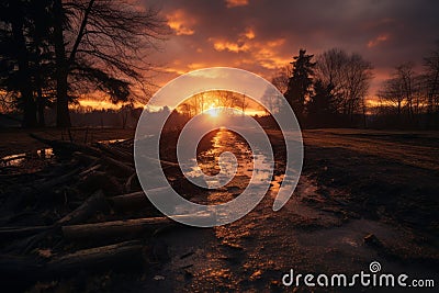 the sun is setting over a muddy road Stock Photo