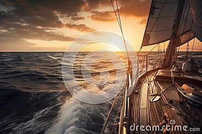 the sun is setting over the ocean as a boat sails Stock Photo