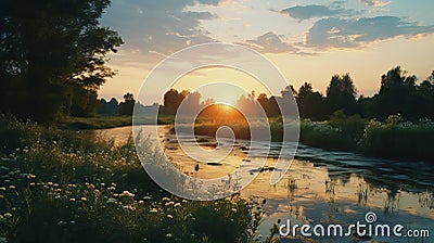 Summer Evening Glow: Uhd Image Of A River In A Field With Wild Flowers Stock Photo