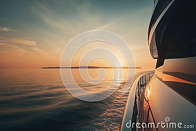 the sun is setting over the water as a boat sails by Stock Photo