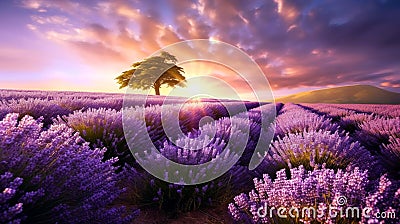 Sun setting or rising over a lavendar field. Beautiful lavender field Cartoon Illustration