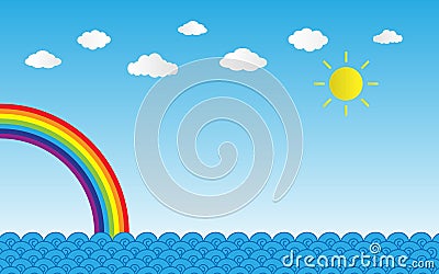 sun shine on blue sky with clouds and rainbow over sea,vector il Cartoon Illustration