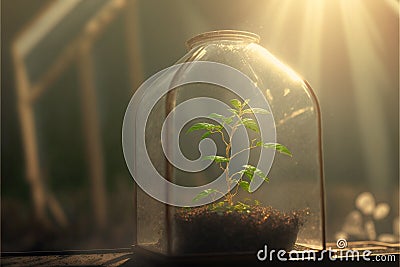 The sun shines down on a sprouting seedling in a controlled environment of a greenhouse. Generative AI illustration Cartoon Illustration
