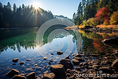 the sun shines over a lake surrounded by trees and rocks Stock Photo