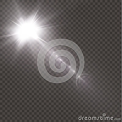 The sun is shining bright light rays with realistic glare. Vector Illustration