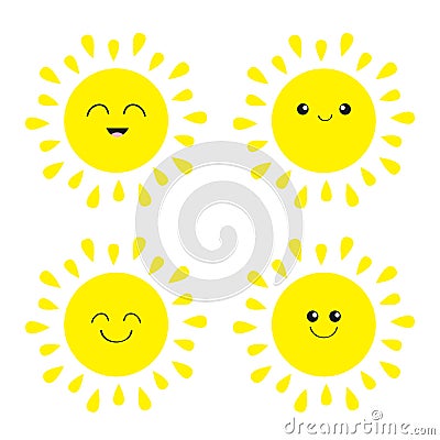 Sun shining icon set. Kawaii face with different emotions. Cute cartoon funny smiling character. Hello summer. White background. Vector Illustration