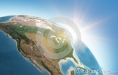 Sun shining over the Earth. North America, USA and Canada Cartoon Illustration