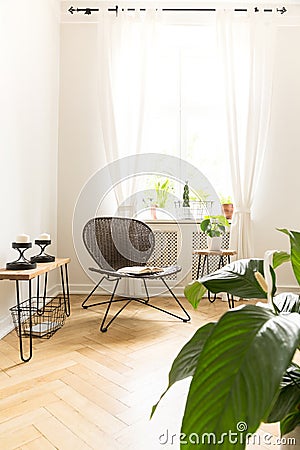 Sun shining into a room interior with a rattan and metal chair a Stock Photo