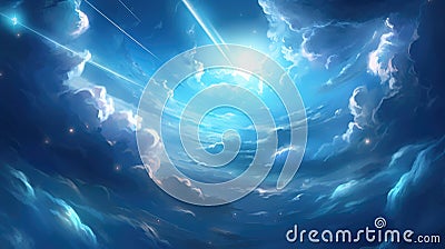 a sun is shining through the sky, blue anime artwork, ai generated image Stock Photo