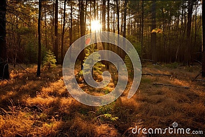 the sun shining through the trees, casting a warm glow on the forest floor Stock Photo