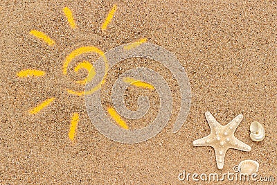 Sun sign drawn on sand and white tube of sunscreen. Template mockup for your design. Creative top view Stock Photo