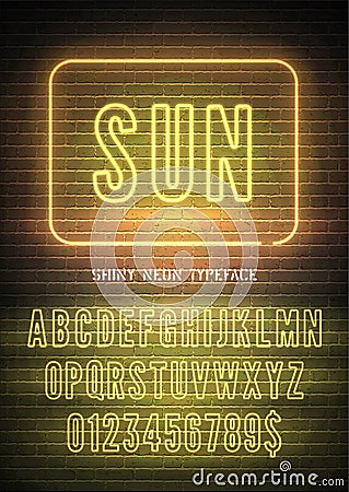 Sun sign and yellow neon hollow font with numbers on vector brick wall background. Bright night light alphabet glow Vector Illustration