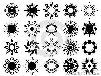 Sun silhouettes icon. Weather summers hot sunshine black graphic symbols vector isolated Vector Illustration