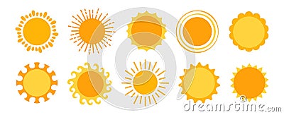 Sun simple yellow set solar summer shine symbol with sunbeams collection holiday vector design Vector Illustration