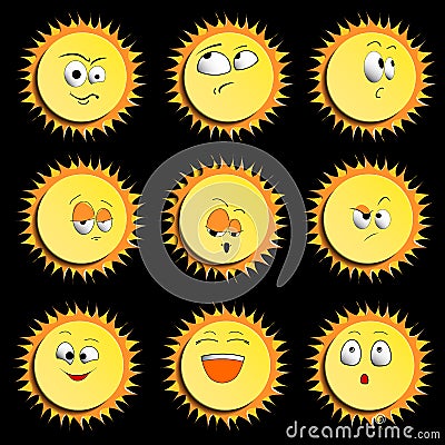 Sun Smile Icon Set on Black Background. illustration. Set Of Sun Smile Emotion Icons with Shadows. Set of Sun Vector Illustration