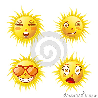 Sun smiles cartoon emoticons and summer emoji faces vector icons set Vector Illustration