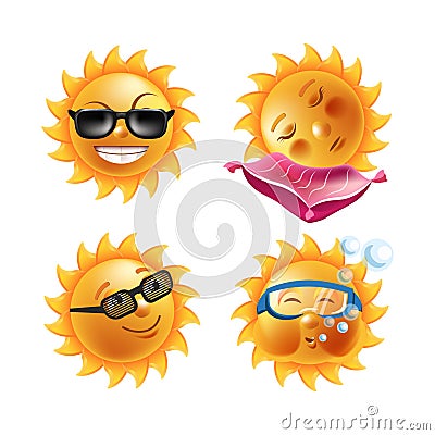 Sun smiles cartoon emoticons and summer emoji faces vector icons set Vector Illustration