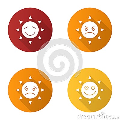 Sun smiles flat design long shadow glyph icons set Vector Illustration