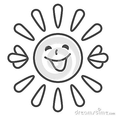 Sun with smiley face, beams and hands thin line icon, weather concept, sunshine smiles vector sign on white background Vector Illustration