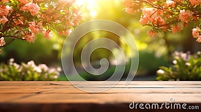 Sun-soaked landscape featuring a wooden floor and a tree blossoming with flowers in the foreground Stock Photo