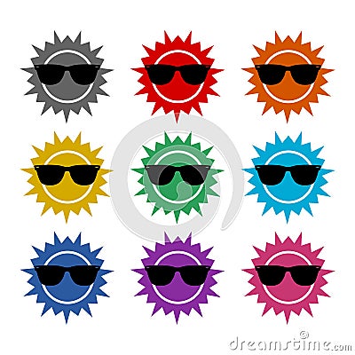Sun with sunglasses color icon set isolated on white background Stock Photo