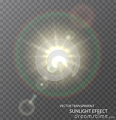 Sun, sunlight with rays and lens flare lights. Glow light effect. Vector illustration Vector Illustration